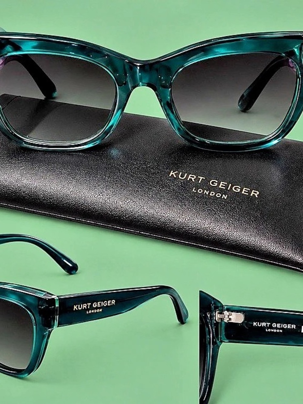 NWOT Kurt Geiger London Teal Green Cat Eye Sunglasses “Be Kind” w/ Case